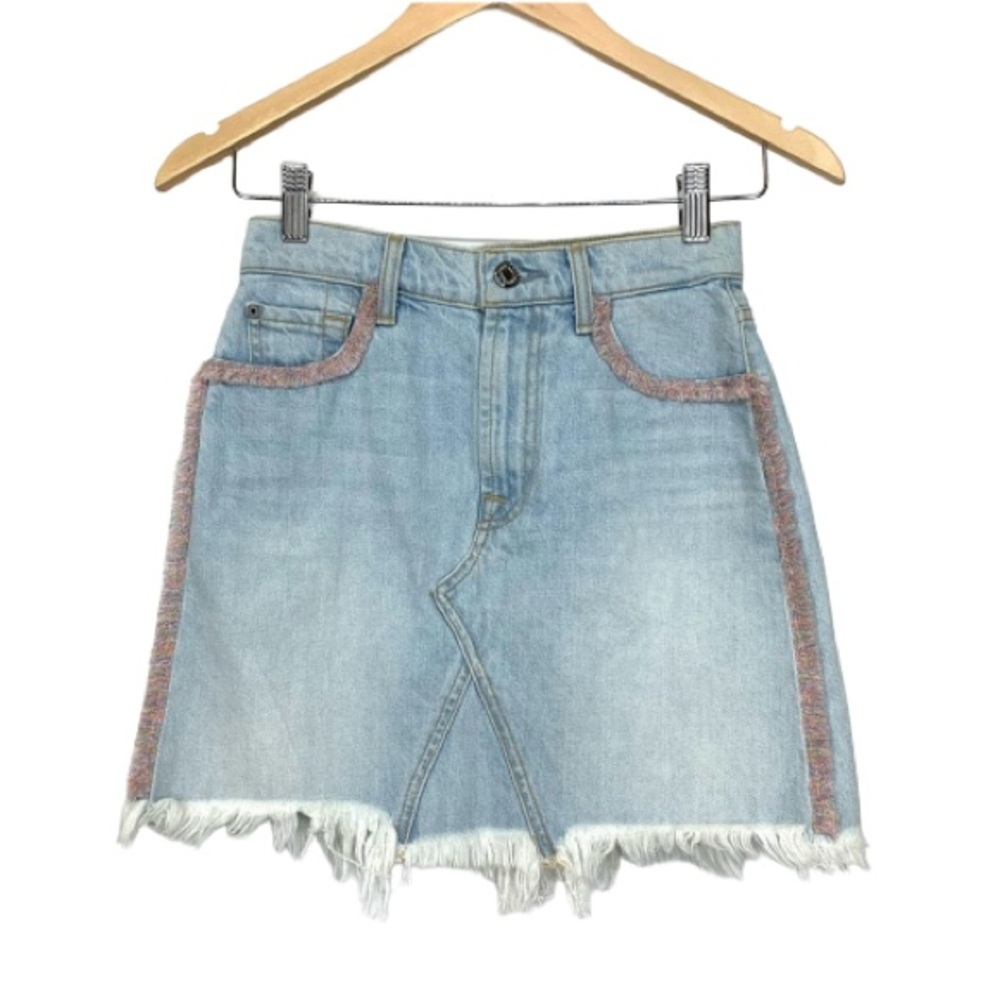 7 For All Mankind Frayed Fringe Hem Multicolored Pastel Light Wash Jean Skirt 23